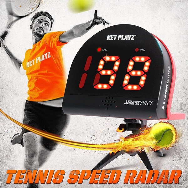 speed radar, sports radar gun, ball speed detector, tennis training equipment, speed measurement device, sport speed tracker, product launch, brand awareness, modern typography, lifestyle, energetic, bold, orange, black, red